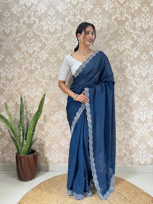 Vasthrlay Georgette Embellishments Scalloped Traditional