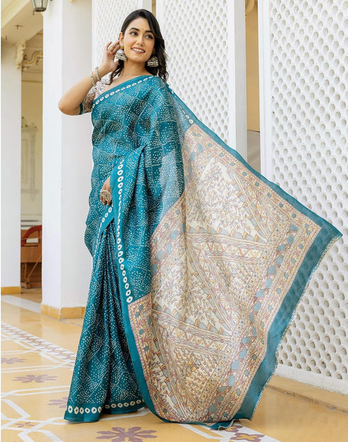 Vasthrlay Bandhani Printed Teal Blue Saree With Unstitched Blouse Piece