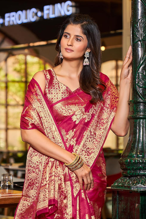 Vasthrlay Organza Patola Unstitched Blouse Saree