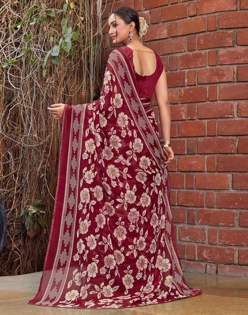 Vasthrlay Georgette Printed Unstitched Maroon Saree