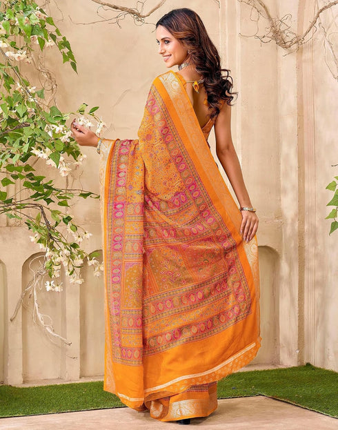 Vasthrlay Georgette Printed Yellow Saree With Unstitched Blouse Piece