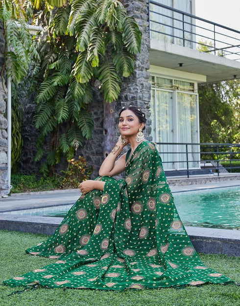 Vasthrlay Bandhani Printed Unstitched Yellow Saree