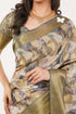 Vasthrlay Olive Beige Abstract Floral Polyester Saree With Zari Border And Ruched Unstitched Blouse Piece