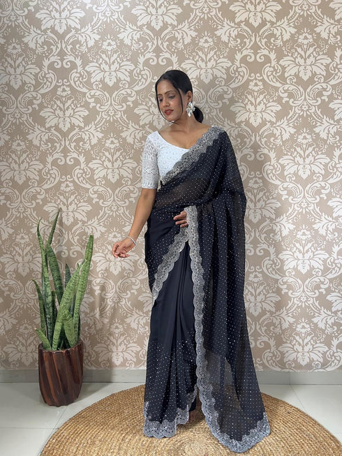 Vasthrlay Georgette Embellishments Scalloped Traditional