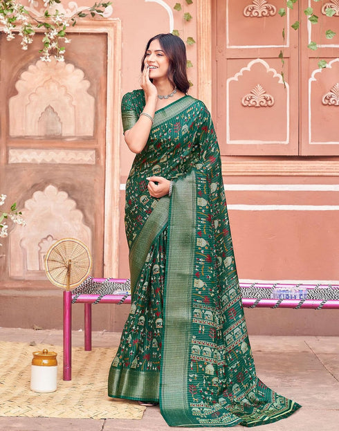 Vasthrlay Womens Printed Green Saree With Unstitched Blouse Piece