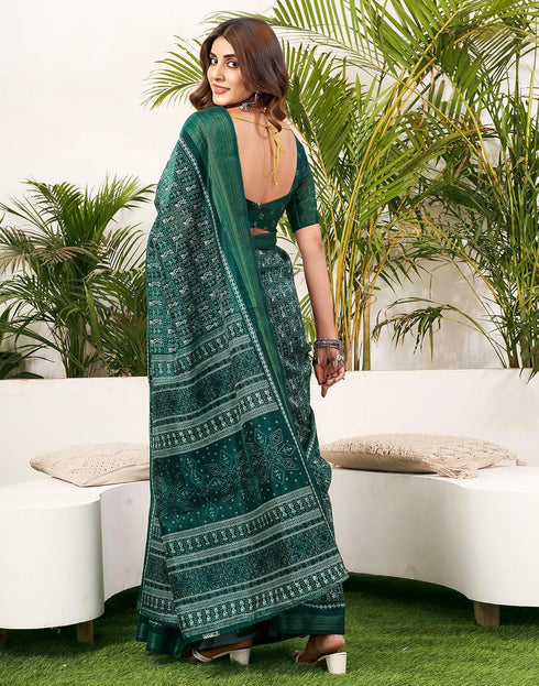 Vasthrlay Womens Printed Dark Green Saree With Unstitched Blouse Piece