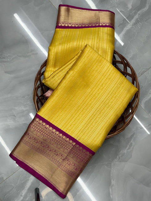 Vasthrlay Kanjivaram Silk Saree | Yellow with Pink Zari Border | Free Size