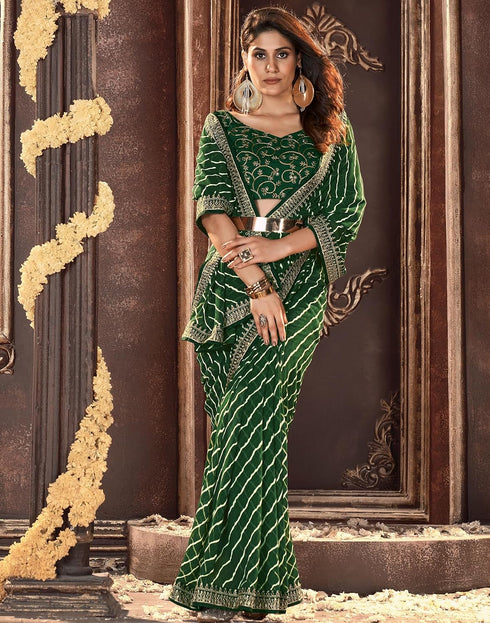 Vasthrlay Georgette Leheriya Green Saree With Unstitched Blouse Piece