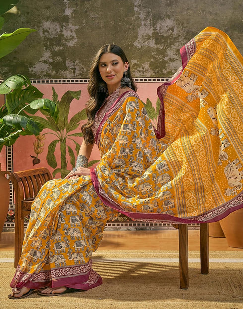 Vasthrlay Womens Printed Yellow Saree With Unstitched Blouse Piece