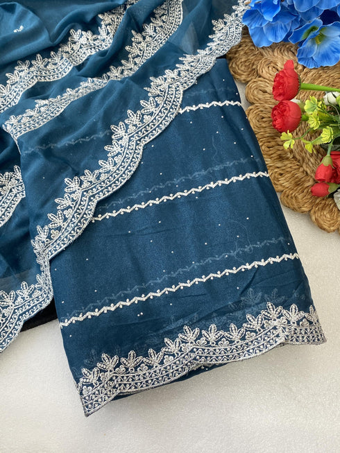 Vasthrlay Blue Embroidery Saree