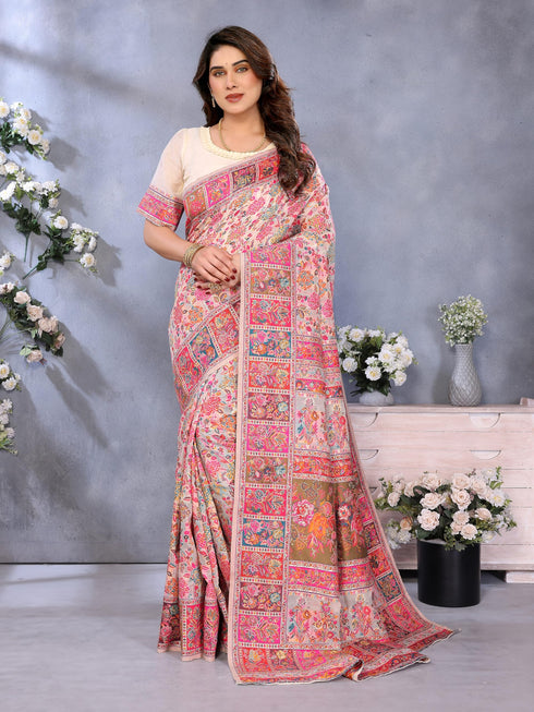 Vasthrlay Cream Kanjivaram Unstitched Saree