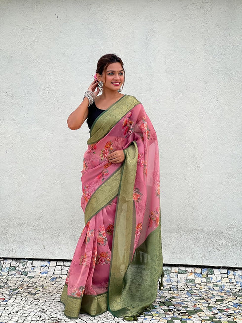 Vasthrlay Kanjivaram Organza Kalamkari Cream Purple Ethnic Wear