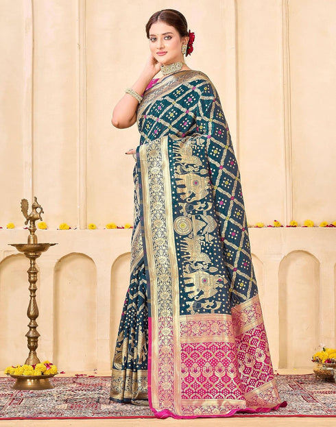 Vasthrlay Womens Weaving Navy Blue Saree With Pink Unstitched Blouse Piece