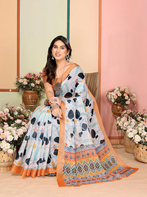 Vasthrlay Brown Printed Unstitched Saree