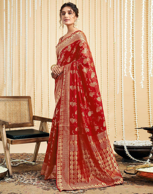 Vasthrlay Womens Banarasi Jacquard Red | Golden Saree With Unstitched Blouse Piece