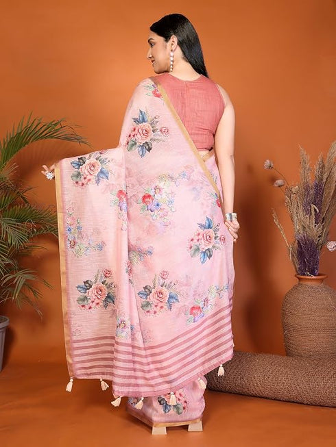 Vasthrlay Pink Womens Linen Ready To Wear Saree