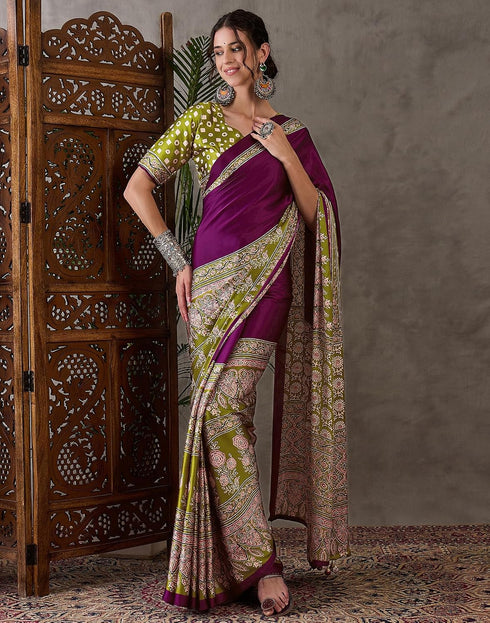 Vasthrlay Printed Tassels Dark Purple | Mehndi Green Saree With Unstitched Blouse Piece