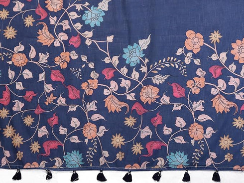 Vasthrlay Blue Womens Kathakali Print Linen Saree With Gold Zari Border And Unstitched Blouse Piece