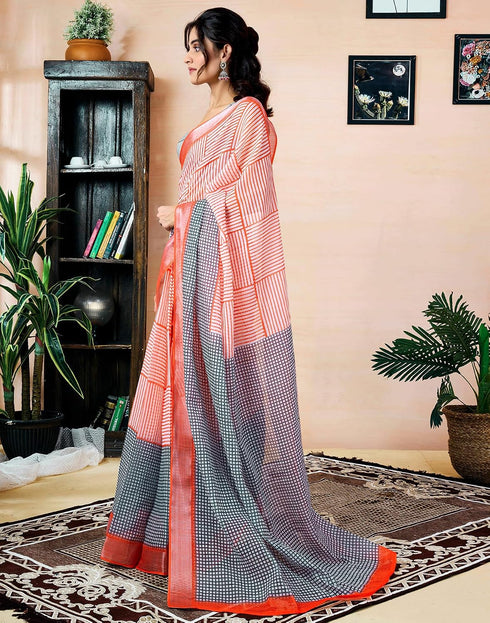 Vasthrlay Womens Printed Beige And Dark Dusty Green Saree With Unstitched Blouse Piece