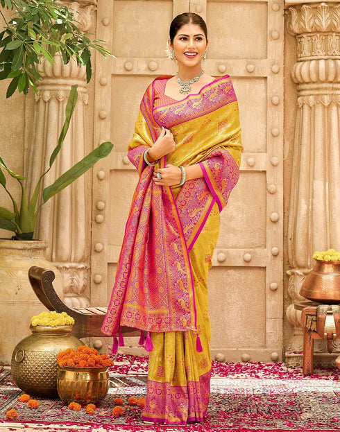Vasthrlay Womens Banarasi Yellow Saree With Pink Unstitched Blouse Piece