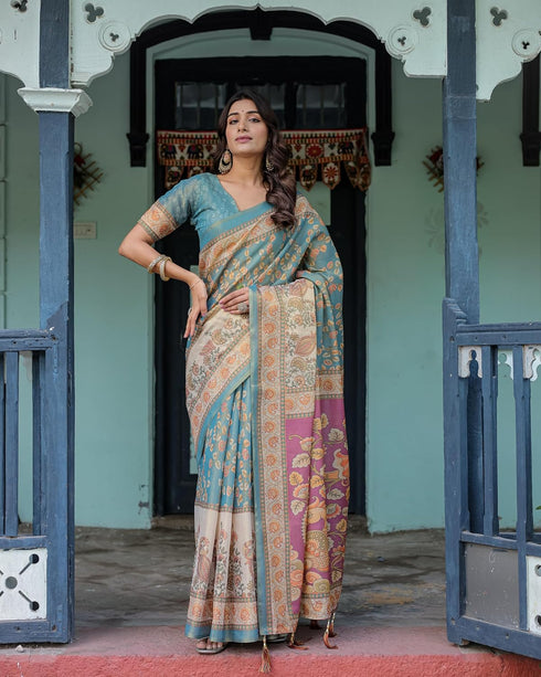 Vasthrlay Handloom Turquoise Paisley Saree