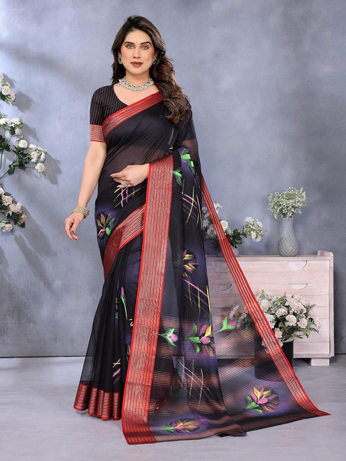 Vasthrlay Chanderi Brush Unstitched Black Free Ethnic Wear