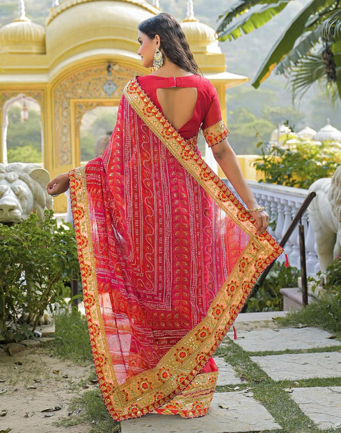 Vasthrlay Bandhani Embroidery Red | Pink Saree With Unstitched Blouse Piece