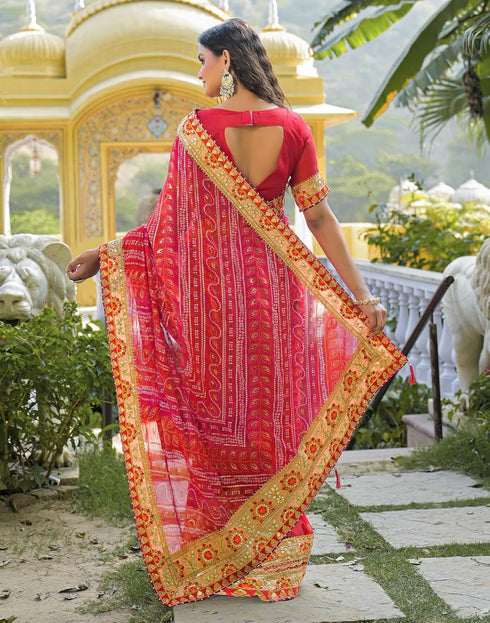 Vasthrlay Bandhani Embroidery Unstitched Pink Saree