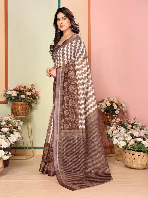 Vasthrlay Brown Printed Unstitched Saree