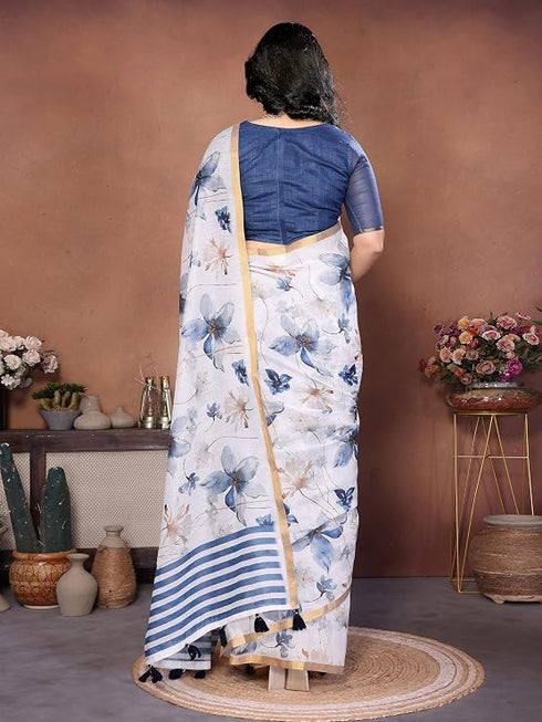 Vasthrlay White1 Floral Printed Design Linen Saree With Solid Unstitched Linen Blouse Piece