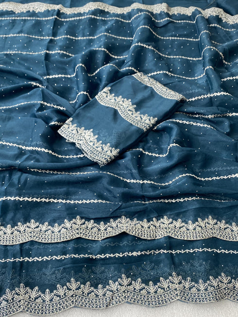 Vasthrlay Blue Embroidery Saree