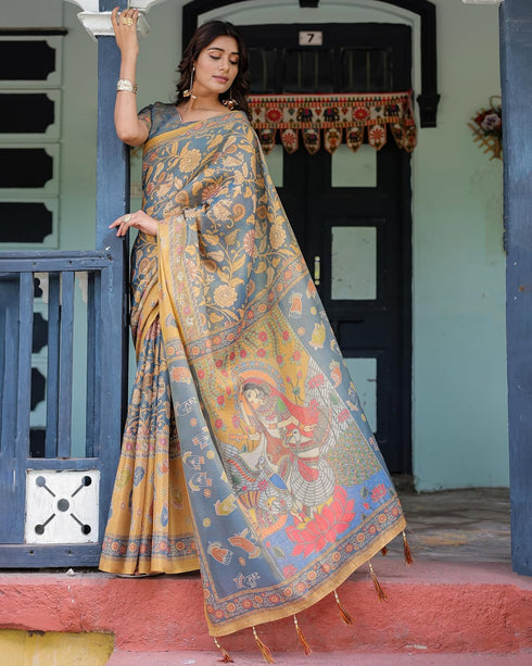 Vasthrlay Handloom Traditional Lue Grey Saree