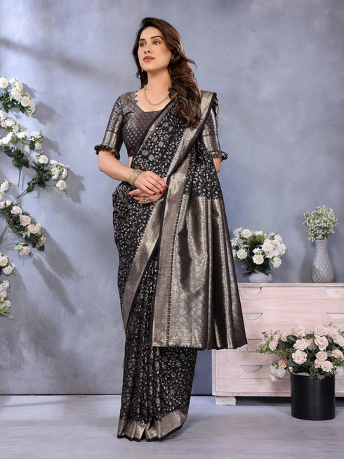 Vasthrlay Black Banarasi Unstitched Saree