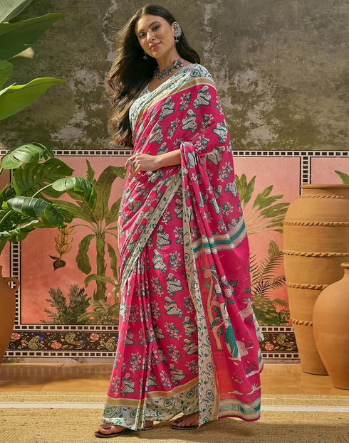 Vasthrlay Womens Printed Pink Saree With Unstitched Blouse Piece