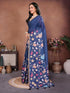 Vasthrlay Blue Kathakali Print Linen Saree With Gold Zari Border And Unstitched Blouse Piece
