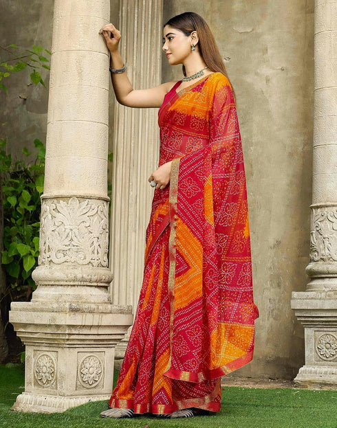 Vasthrlay Chiffon Bandhani Red And Orange Saree With Unstitched Blouse Piece