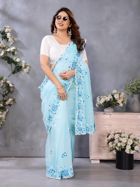 Vasthrlay Blue Embroidery Unstitched Saree