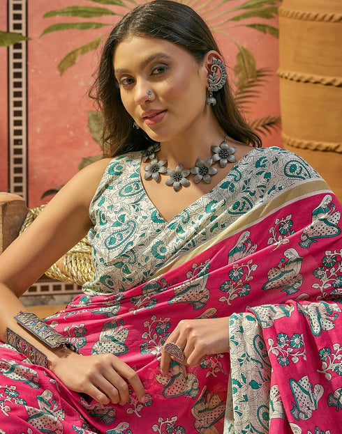 Vasthrlay Womens Printed Pink Saree With Unstitched Blouse Piece
