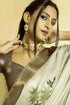 Vasthrlay Off White Abstract Print Polyester Saree With Antique Zari Border And Unstitched Blouse Piece