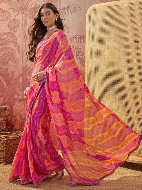 Vasthrlay Chiffon Bandhani Unstitched Purple Saree
