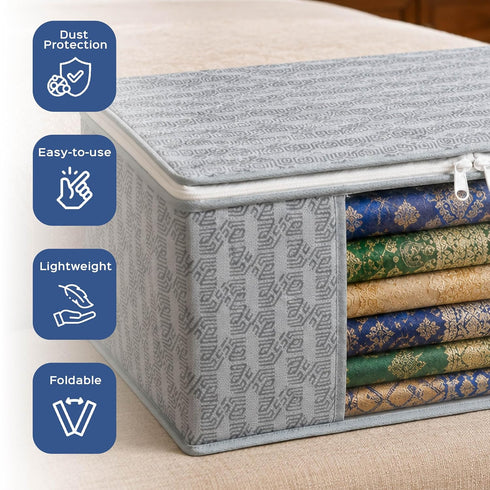 Homestrap Set of 6 Non-Woven Printed Saree Cover/Cloth Storage Organizer for Clothes with Transparent Window (Grey)