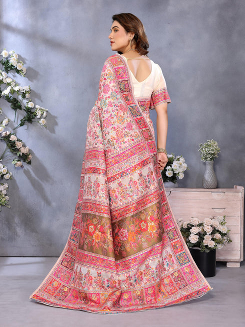 Vasthrlay Cream Kanjivaram Unstitched Saree