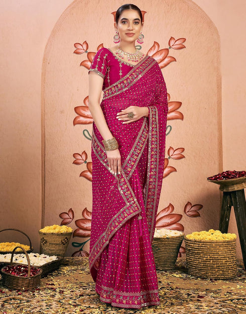 Vasthrlay Bandhani Embroidery Rani Pink And Golden Border Saree With Unstitched Blouse Piece