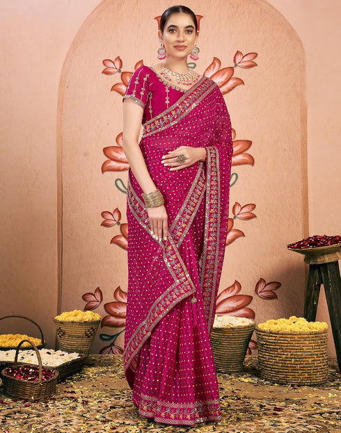 Vasthrlay Bandhani Embroidery Unstitched Rama Green Saree