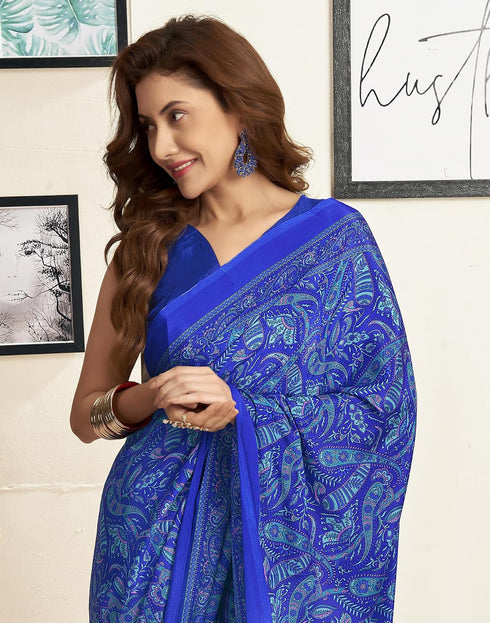 Vasthrlay Womens Printed Royal Blue Saree With Unstitched Blouse Piece