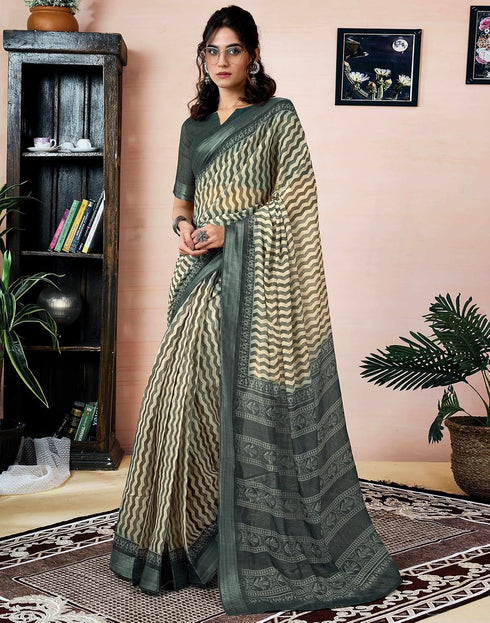 Vasthrlay Womens Printed Beige And Dark Dusty Green Saree With Unstitched Blouse Piece
