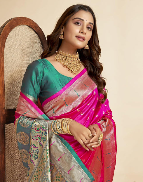 Vasthrlay Paithani Jacquard Unstitched Pink Saree