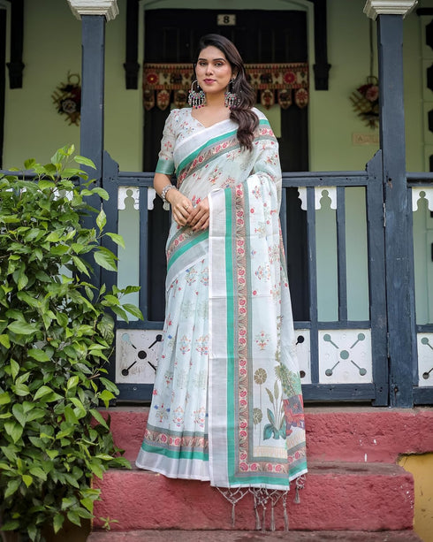 Vasthrlay Turquoise Floral Embroidered Saree