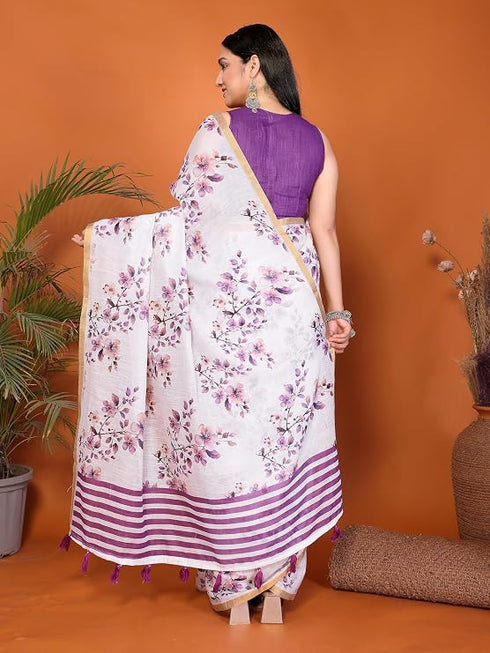 Vasthrlay Purple Kathakali Print Linen Saree With Gold Zari Border And Unstitched Blouse Piece