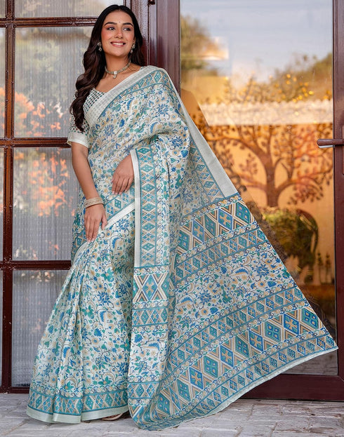 Vasthrlay Womens Printed Off-White Saree With Unstitched Blouse Piece